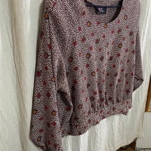Vintage 80s Long Sleeve Brown with Jewel Tone Pattern Blouse + Shoulder Pads - Picture 5 of 15
